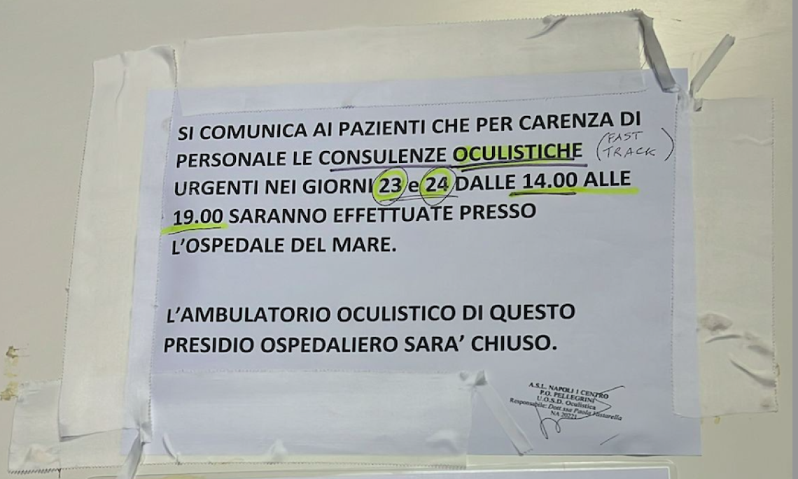 Disagi all'ospedale Pellegrini di Napoli: mancano i medici, servizio oculistica sospeso