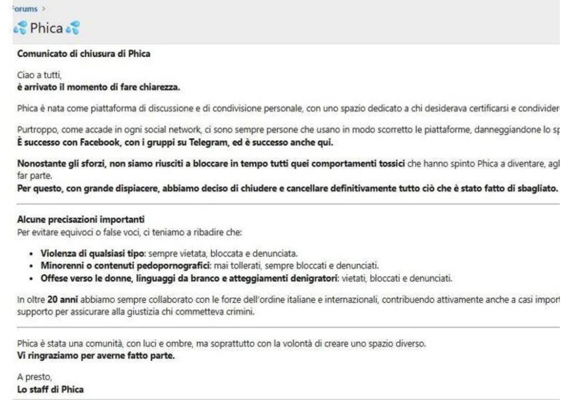 Chiude forum sessista “Phica": «Non siamo riusciti a bloccare comportamenti tossici»