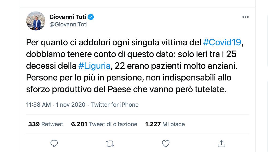 «Anziani non indispensabili», bufera su Toti