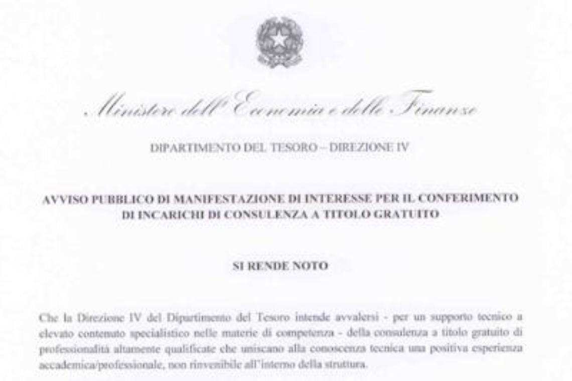 Consulenti gratis cercasi, il bando del Mef