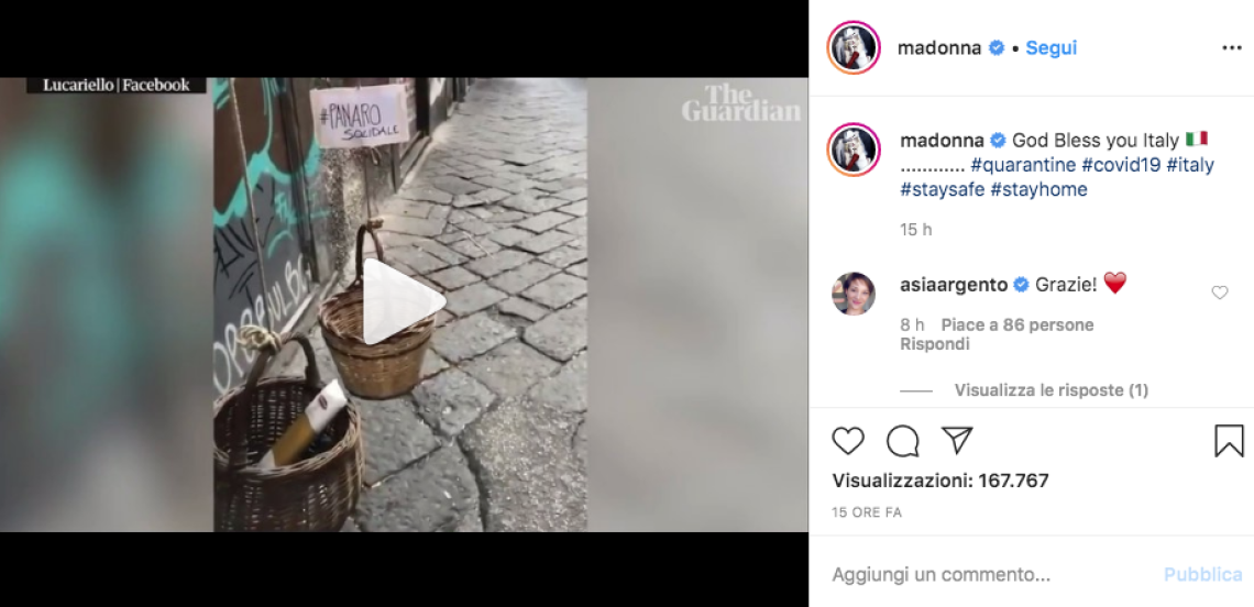 «Dio benedica l'Italia», Madonna posta il “panaro solidale"