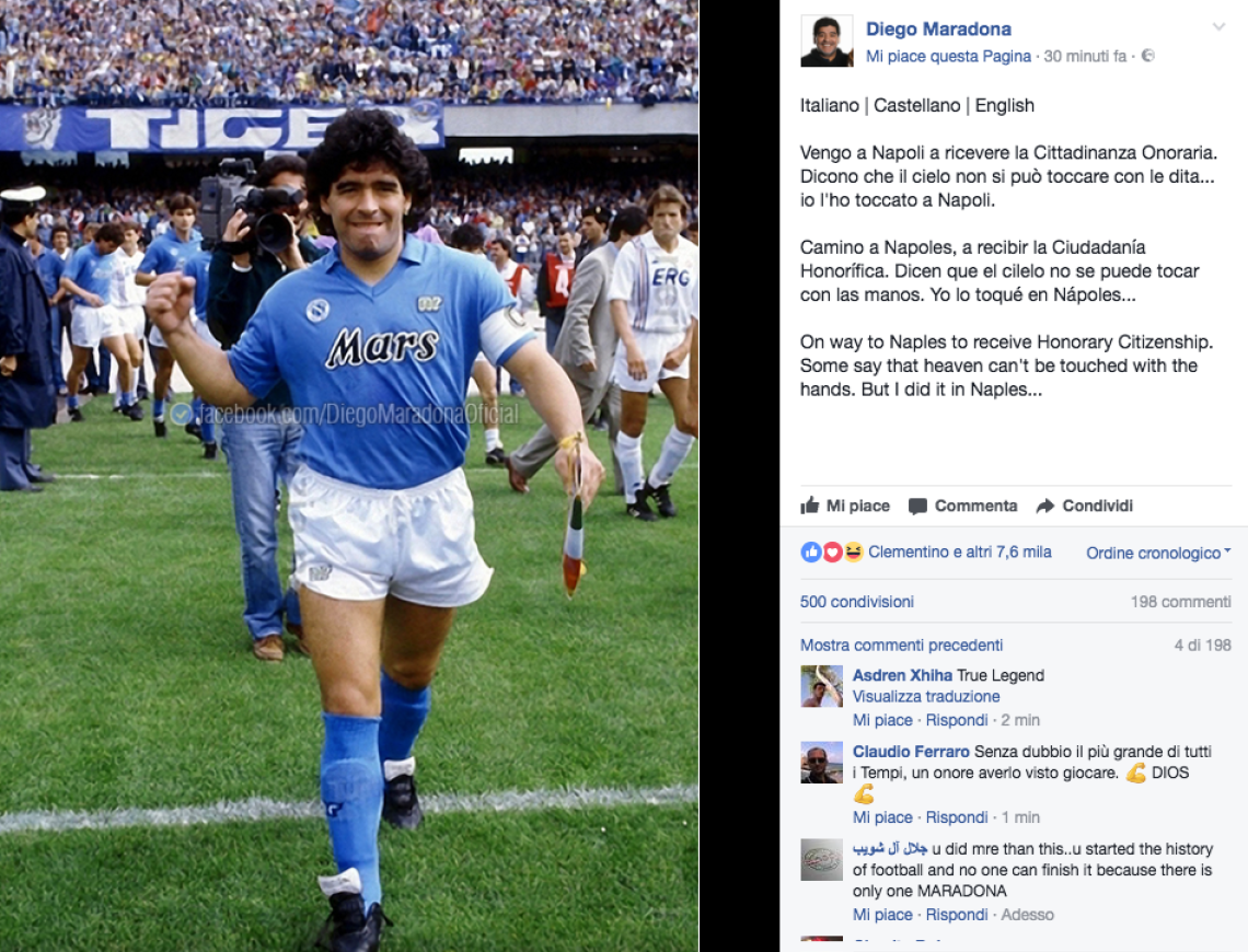 Maradona: «A Napoli ho toccato il cielo con un dito»