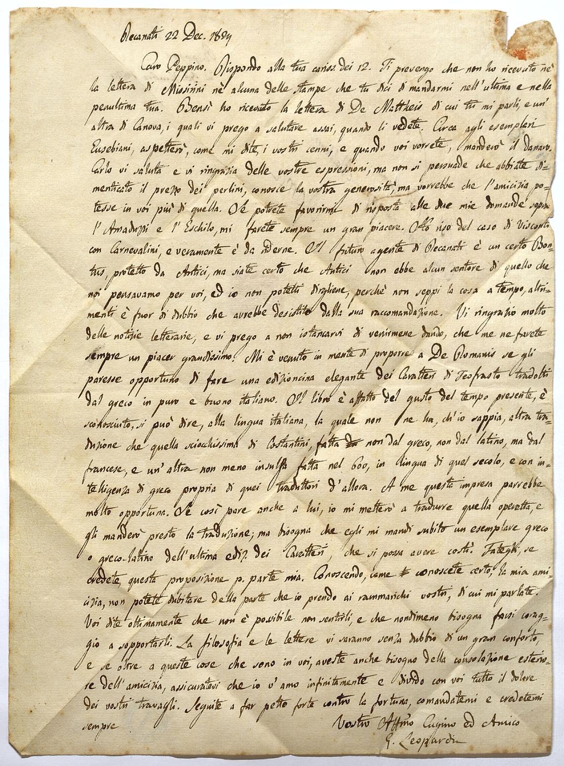 Biblioteca Nazionale di Napoli, acquisita preziosa lettera di Giacomo Leopardi