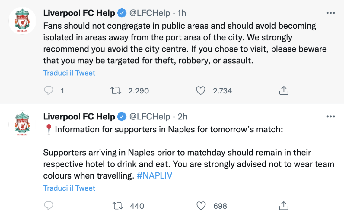 Champions, Liverpool ai tifosi: a Napoli attenti a furti e rapine
