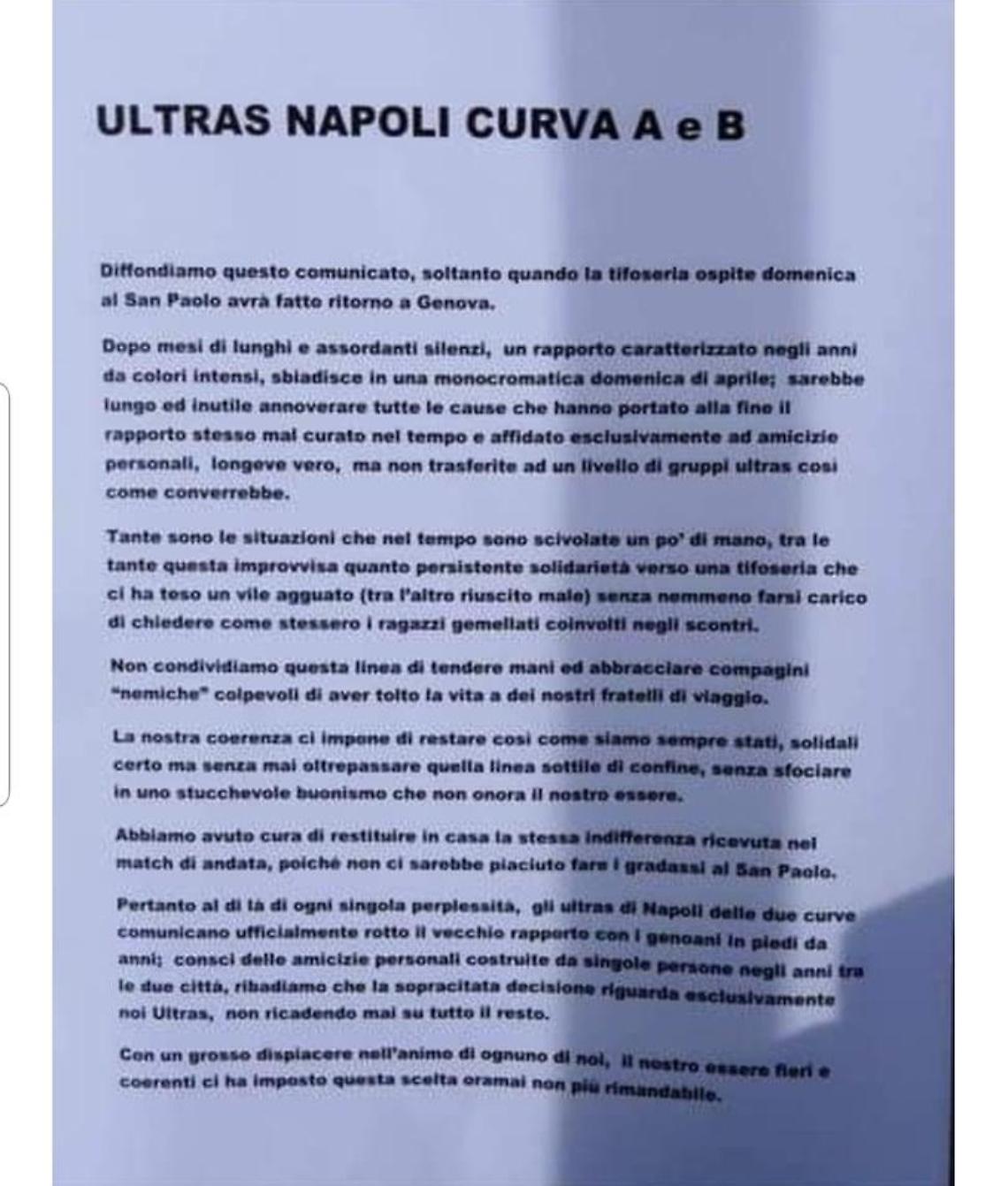  Clamoroso, rotto lo storico gemellaggio col Genoa. Comunicato ufficiale 'Ultras Curva A e B'