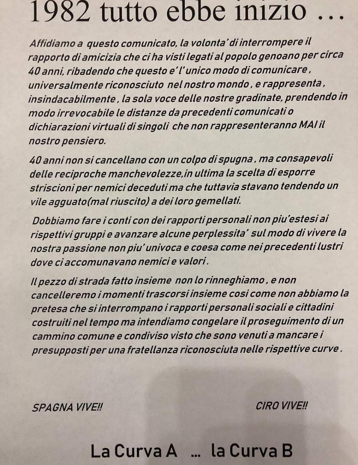 Gli ultrà del Genoa confermano: "Il gemellaggio è finito"