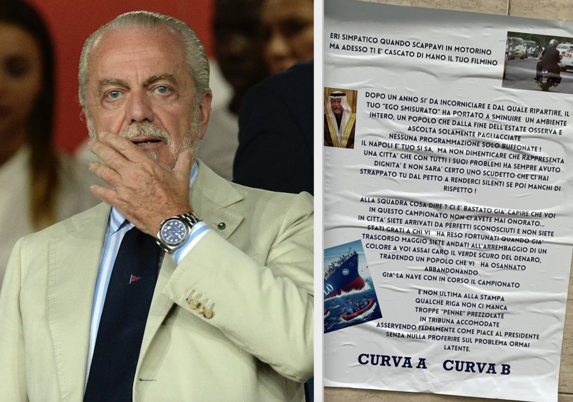 Napoli, manifesto dei tifosi contro De Laurentiis