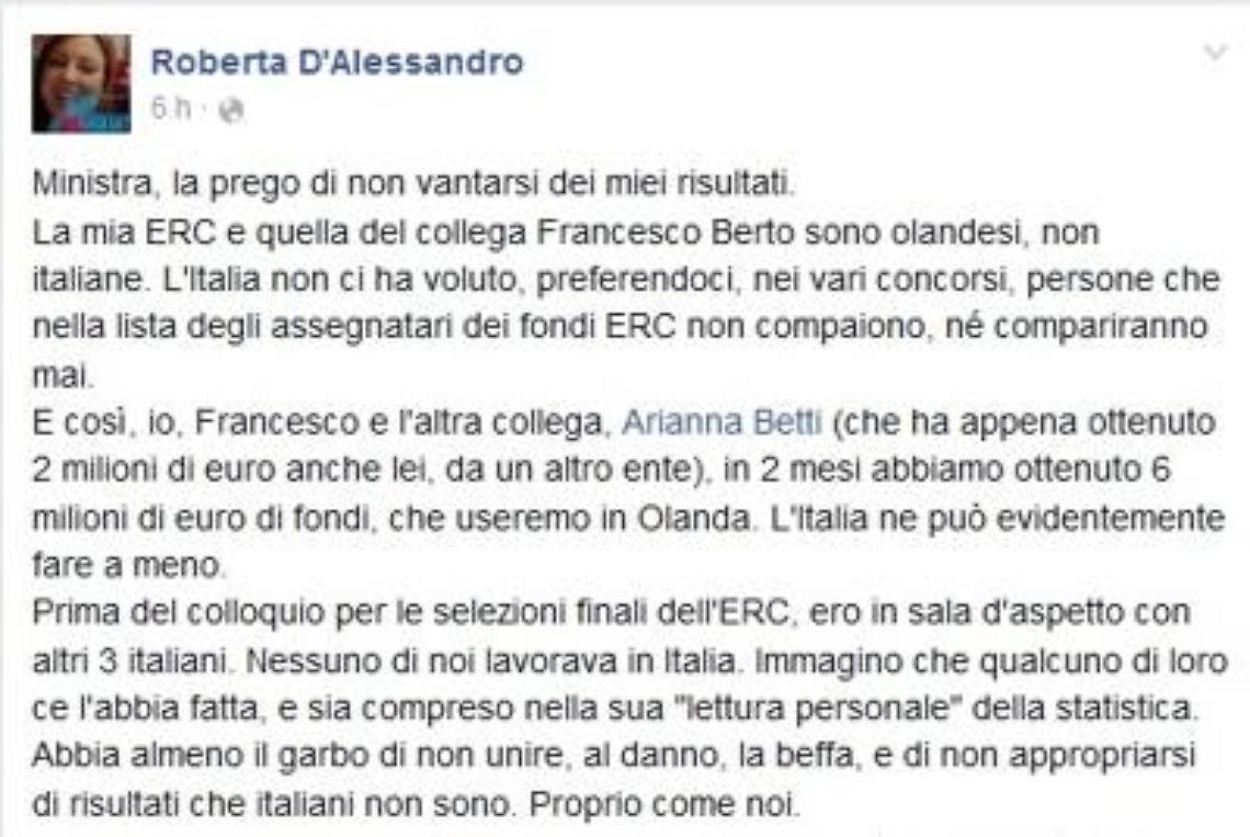 «Ministro Giannini non si vanti dei miei risultati», l'ira della ricercatrice su Facebook