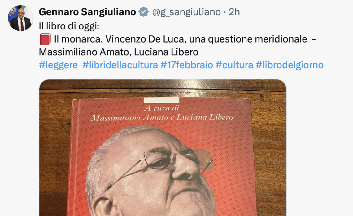 De Luca, Sangiuliano consiglia libro “Il monarca"