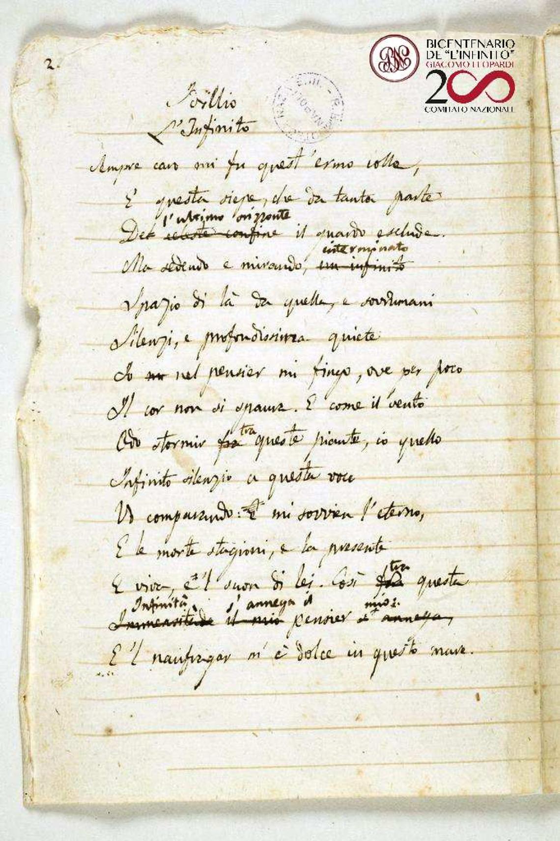 Autografi di Leopardi online sul sito della Biblioteca nazionale di Napoli