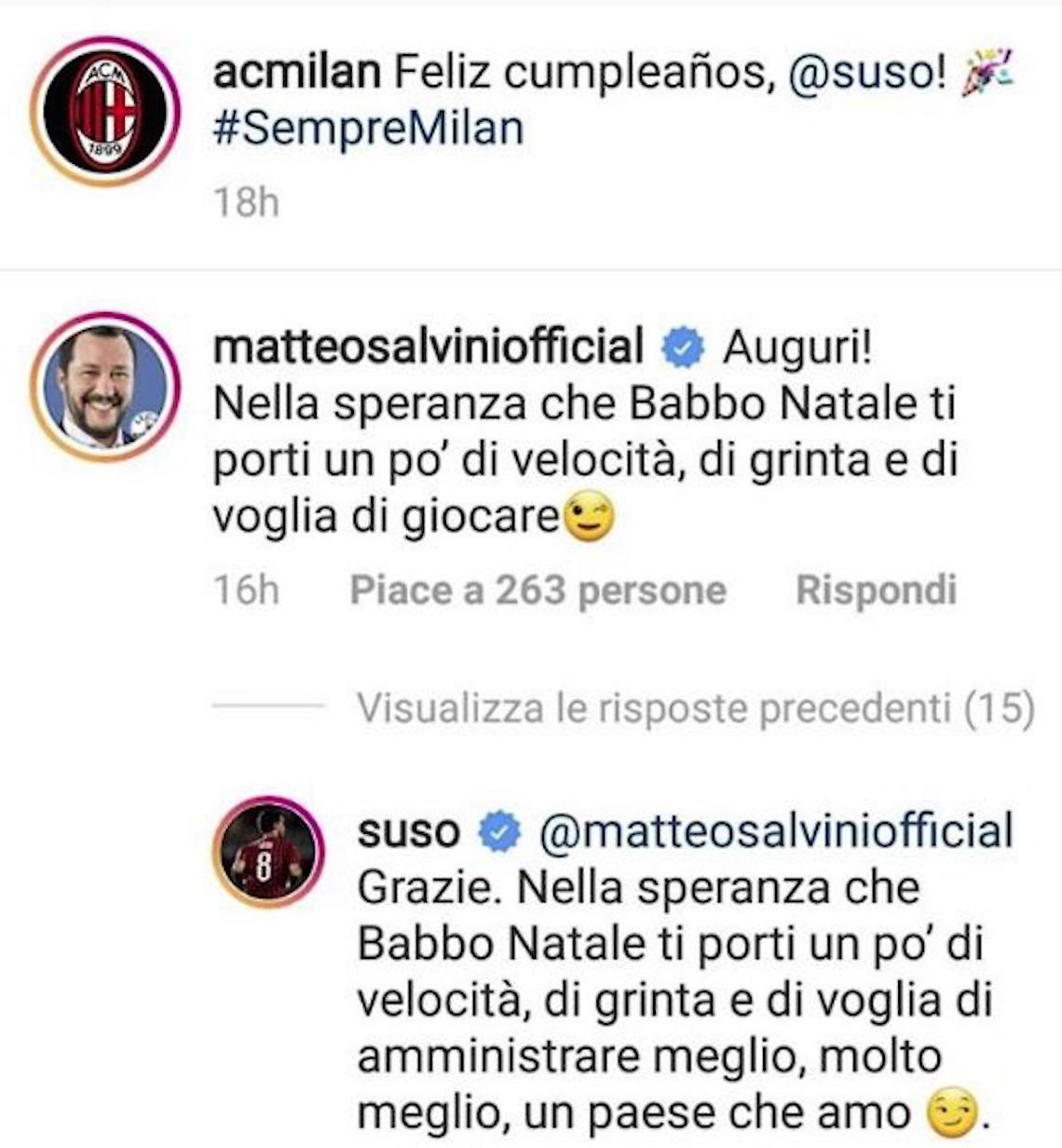 Salvini-Suso, botta e risposta sui social: "Spero ti torni la voglia di giocare", "Pensa al Paese!"