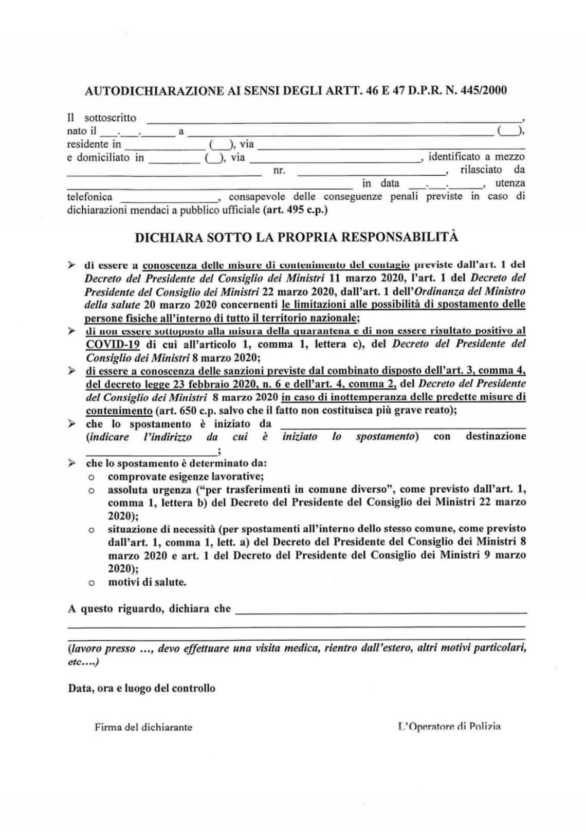 Autocertificazione, arriva il nuovo modulo