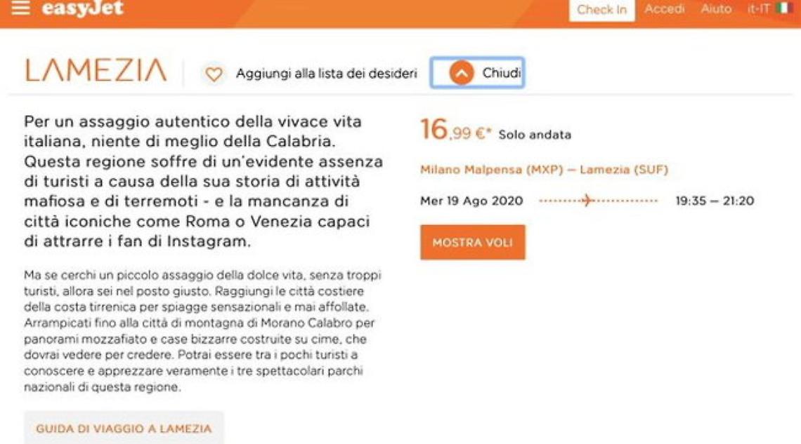 «Calabria terra di mafia e terremoti», bufera su easyJet