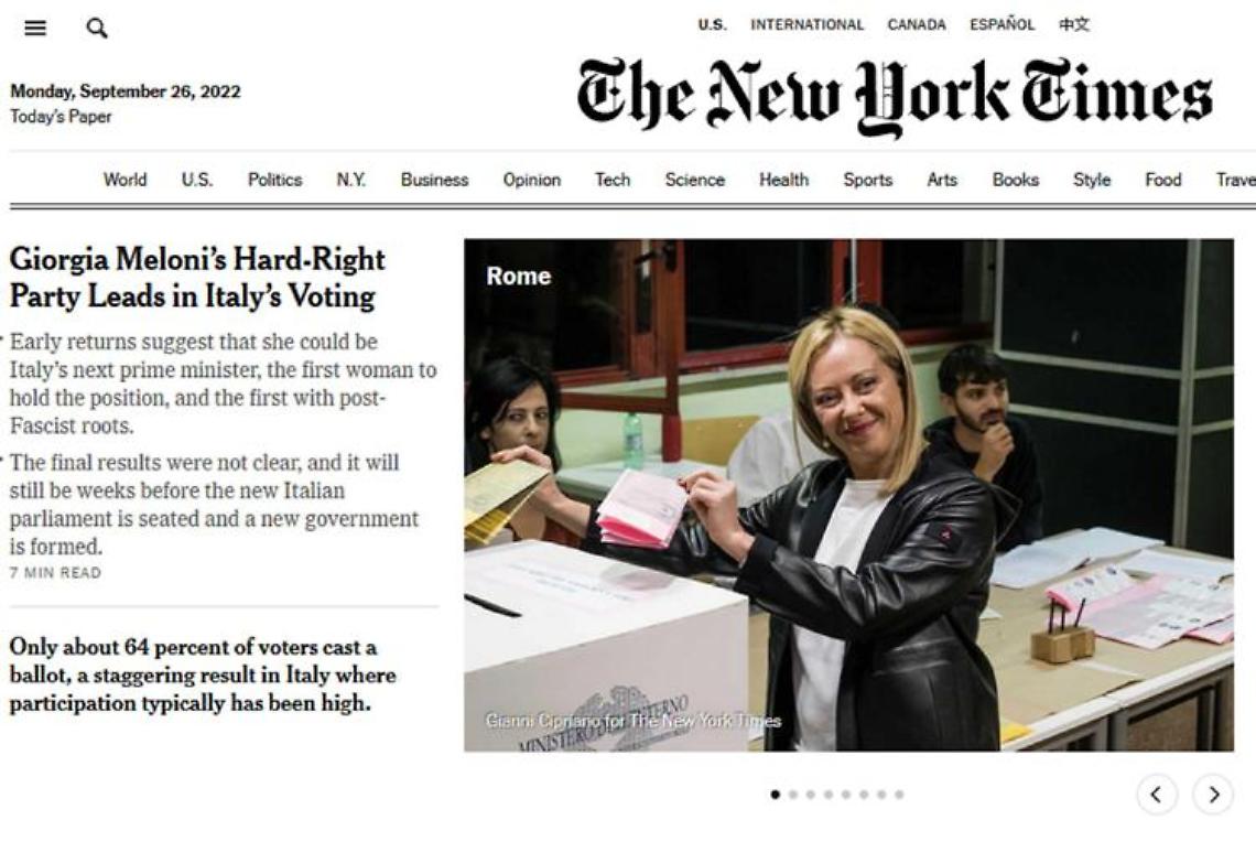Elezioni 2022, Nyt: «Dall'Italia onda d'urto che volta pagina nella storia europea»"