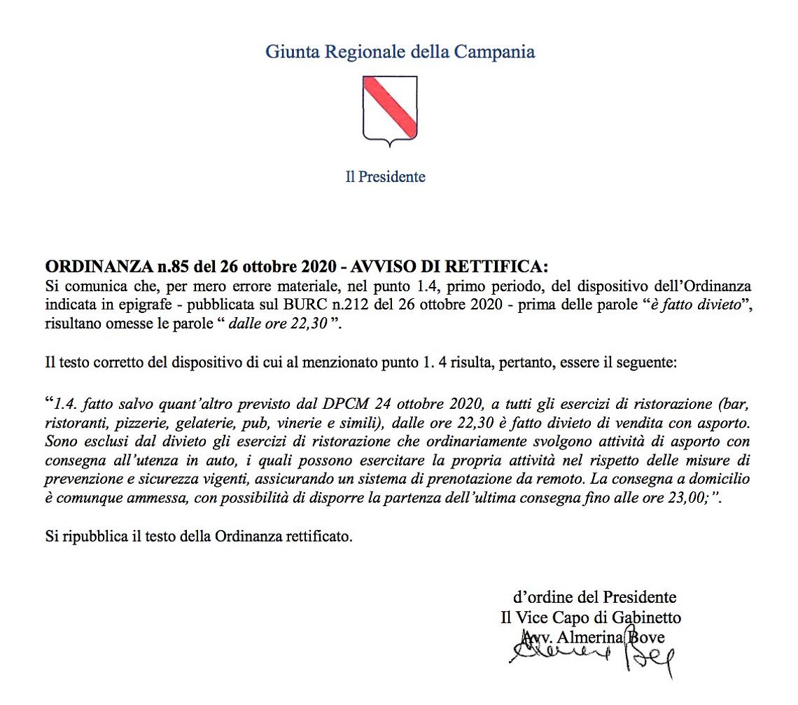 Covid Campania, rettificata l'ordinanza: asporto consentito fino alle 22,30