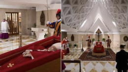 Il Papa nella bara, casula rossa e rosario tra le mani: la prima immagine della salma