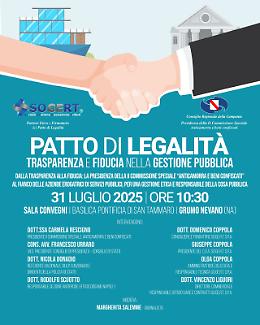 Regione Campania, convegno “Patto di legalità: trasparenza e fiducia nella gestione pubblica” il 31/07 a Grumo Nevano 
