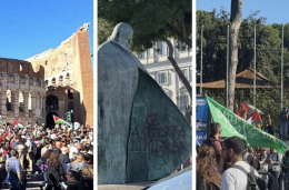 A Roma manifestazione per Gaza: «Siamo un milione». Incappucciati sfondano vetrina. Meloni: «Oltraggio a statua di Wojtyla»