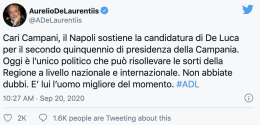 Tweet di De Laurentiis a sostegno De Luca: è polemica